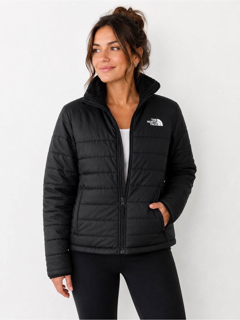 The North Face Mossbud Reversible Black Sherpa Puffer Jacket Women M